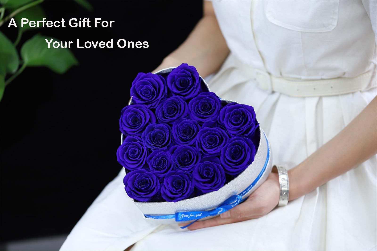 Blue 16 PCS Preserved Forever Roses Heart Shape Box Birthday Gift for Women