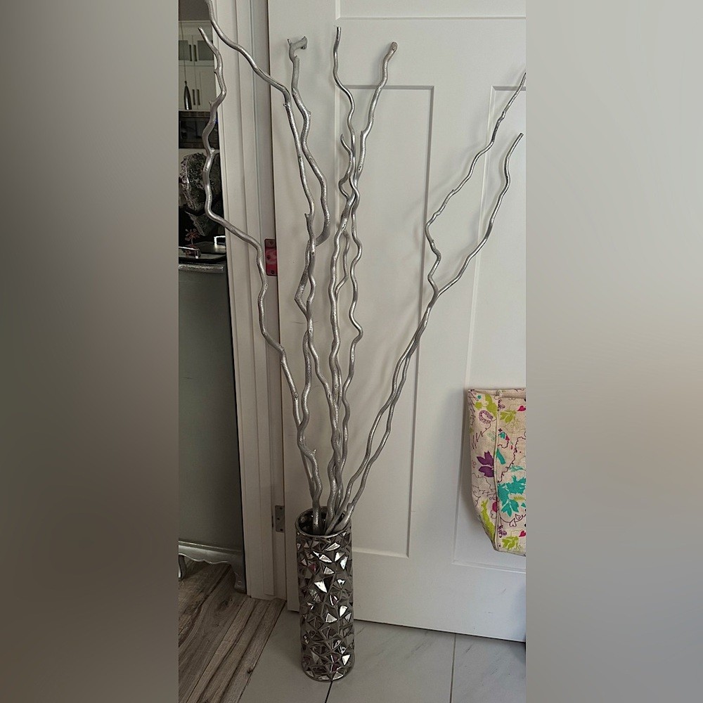 Vase pot & Decorative Branches sparkly grey silver vase geometric decor tall