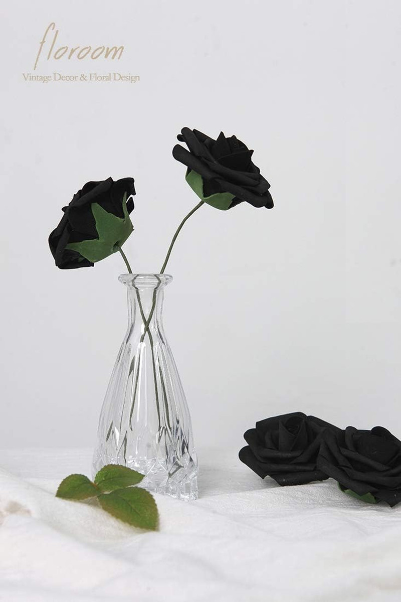 Artificial Flowers 25Pcs Real Looking Black Foam Fake Roses with Stems for DIY W