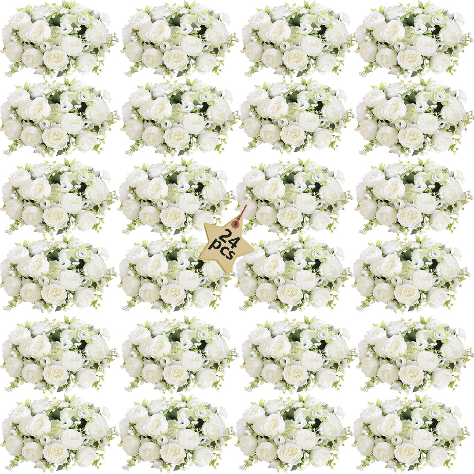 24 Bundles Peonies Artificial White Flowers Bouquet, Lifelike Silk Fake Peoni…