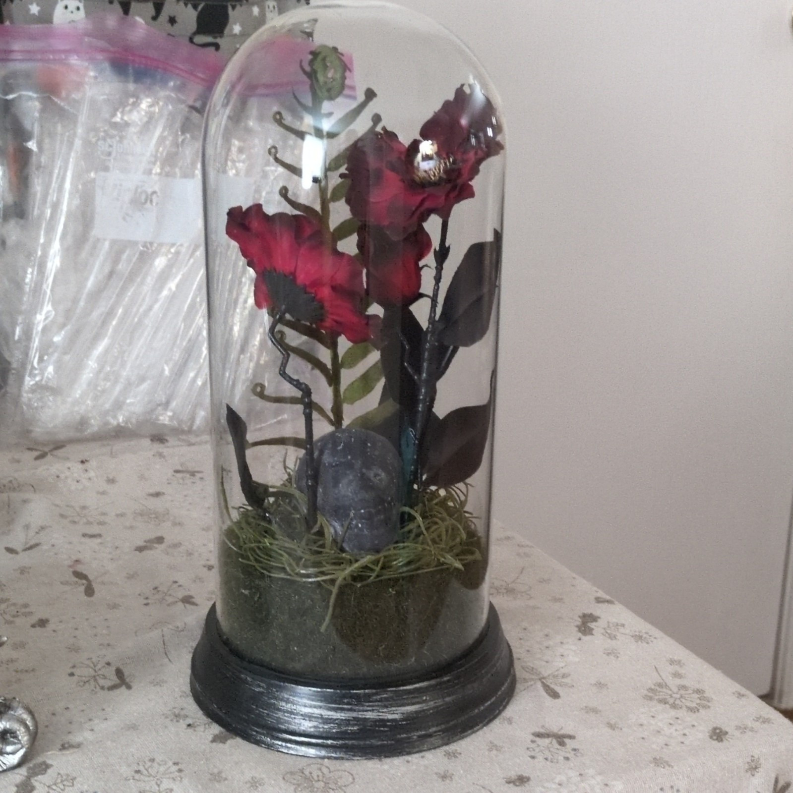 Handmade Artificial Rose Arrangement with Skull in Glass Dome Halloween Decor