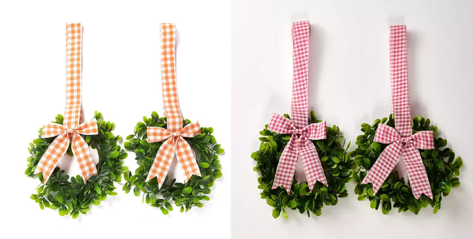 NEW Cabinet Wreaths Set of 2 faux greenery w/ gingham plaid bows pink or orange