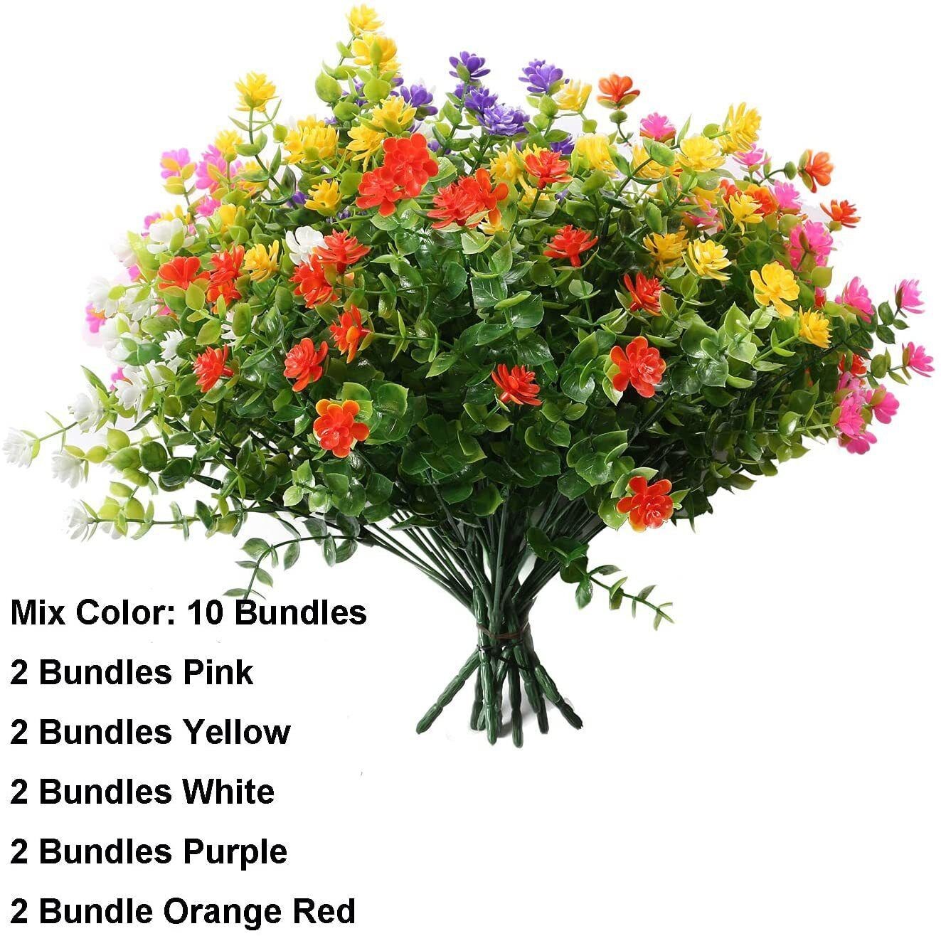 10 Bundles Faux Plastic Flowers UV Resistant Artificial Shrubs for Outdoor Decor