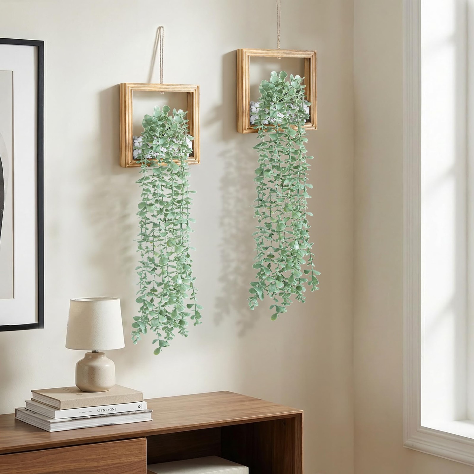 2 Pack Fake Plants Hanging, Artificial Eucalyptus Vines in Square Wooden Fram…