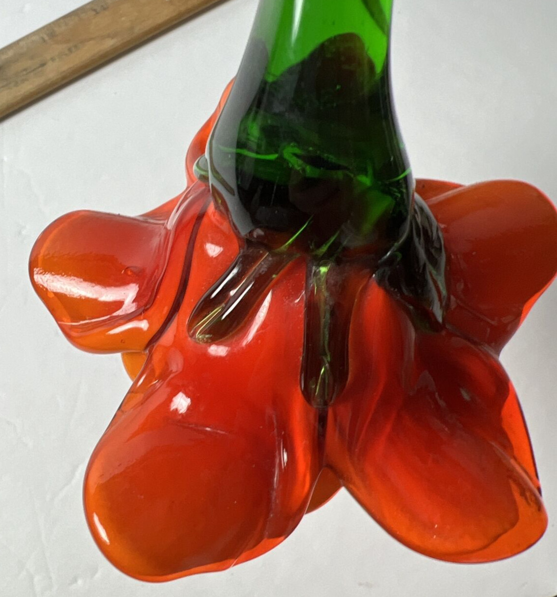 Vintage Handblown Glass Orange Rose Long Green Stem Budding Flower 13″ Stem Chip