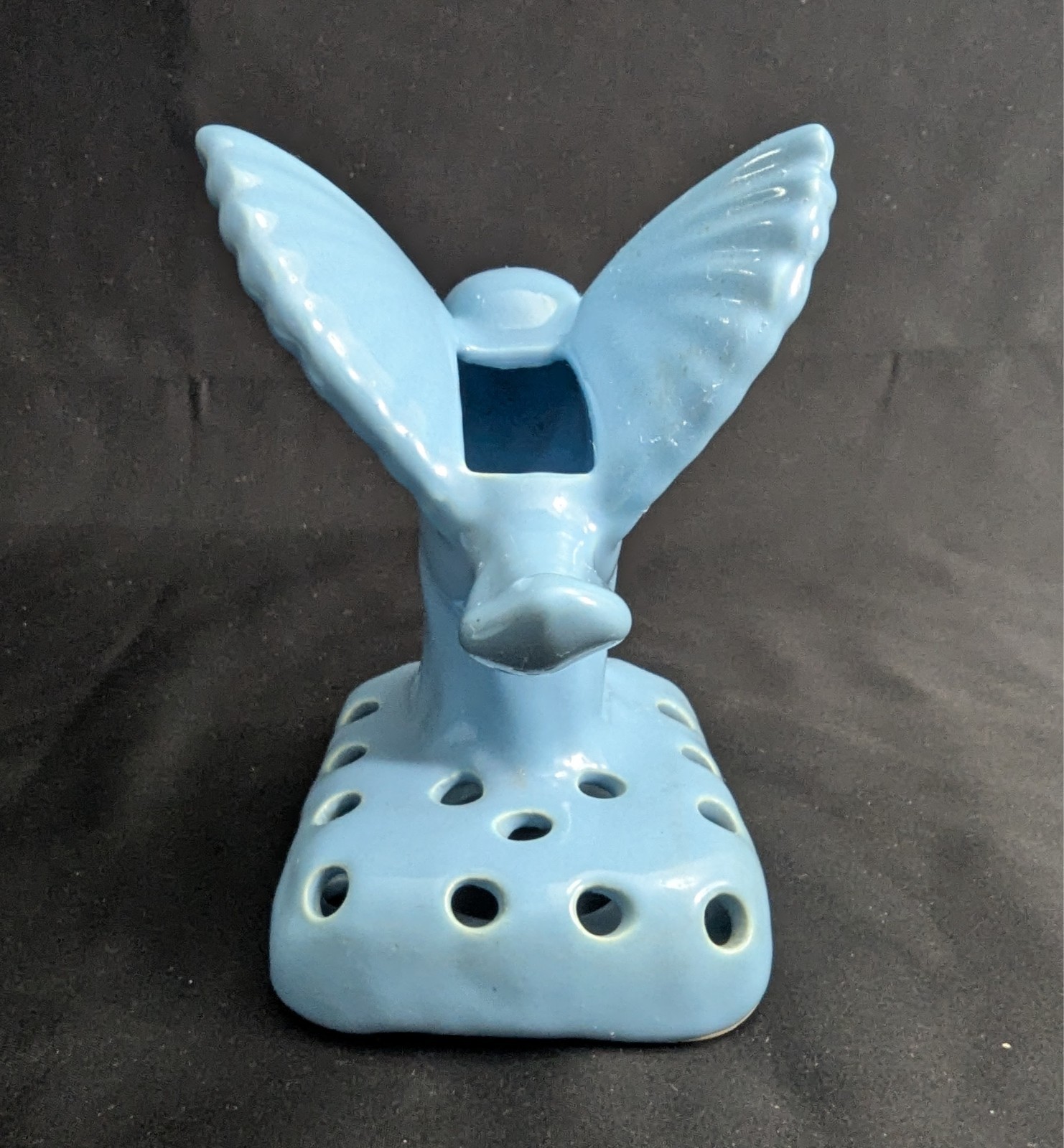 Vtg Camark Art Pottery Blue Shallow Bowl Planter & Bird Flower Frog Set (S4)