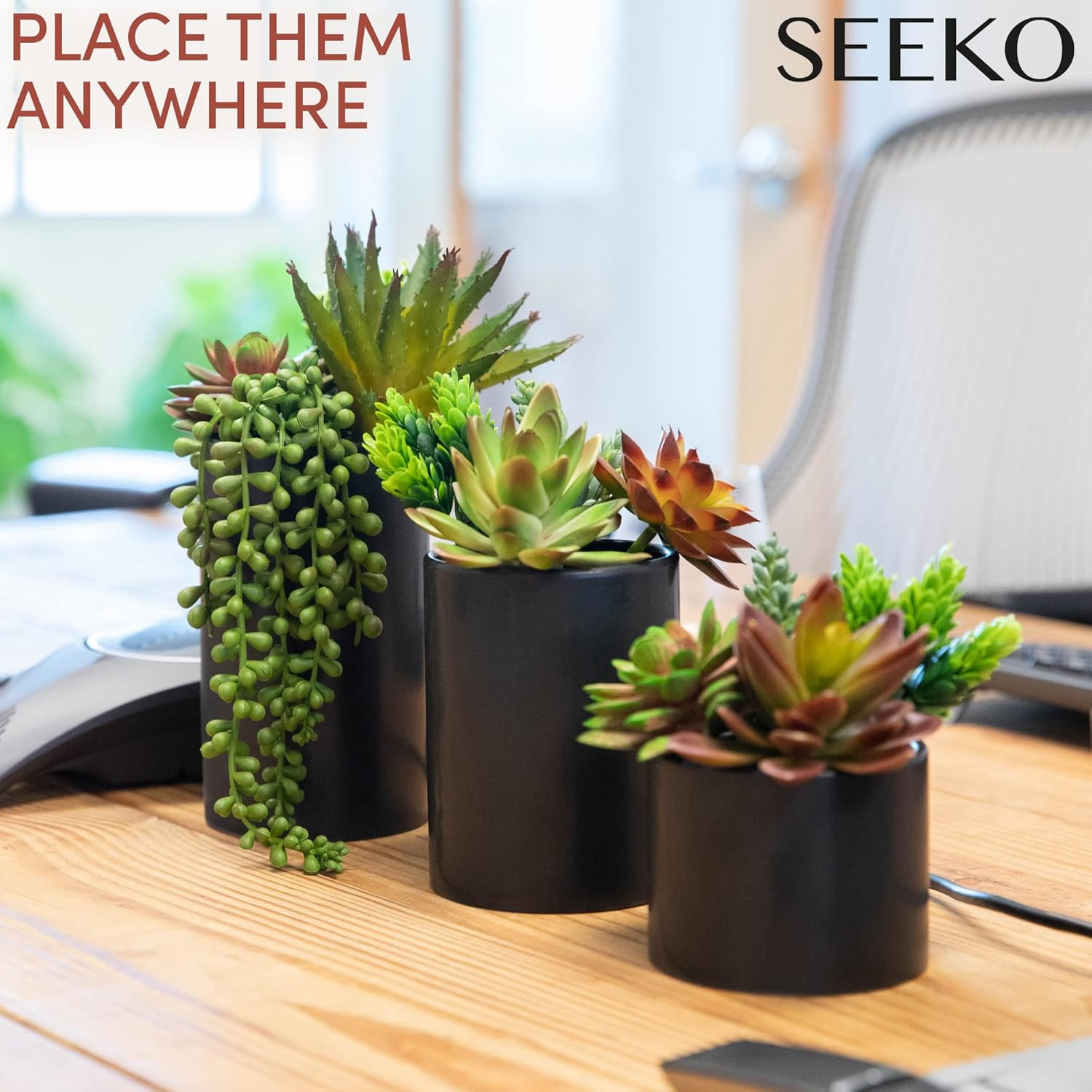 Plants Artificial in Ceramic Pots – Faux Office Plants | 3 Pack Set, Fake Succul