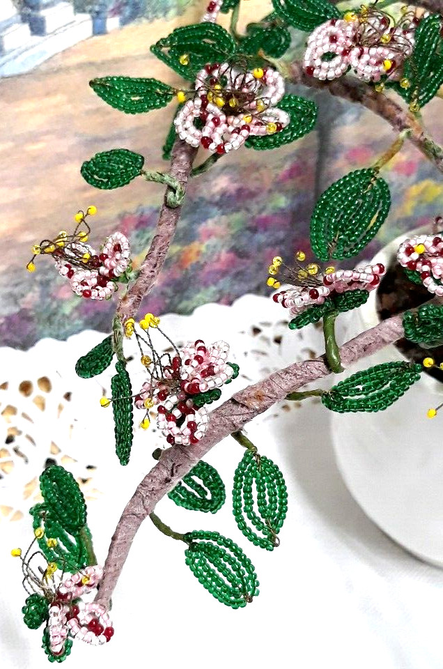 Vintage Crafted Seed Bead Cherry Blossom Bonsai Tree Arrangement in Ceramic Pot