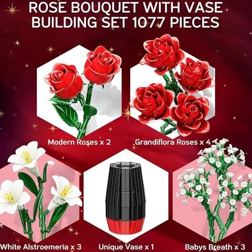 1077 PCS Artificial Rose Flower Bouquet Building Set with Vase – Perfect Gift fo