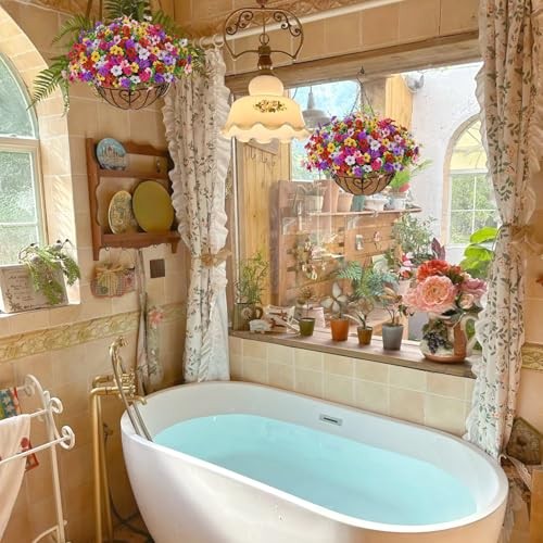 2 Set Artificial Flowers with Hanging Basket, 2 Outdoor 2pcs Azalea 6 Colors