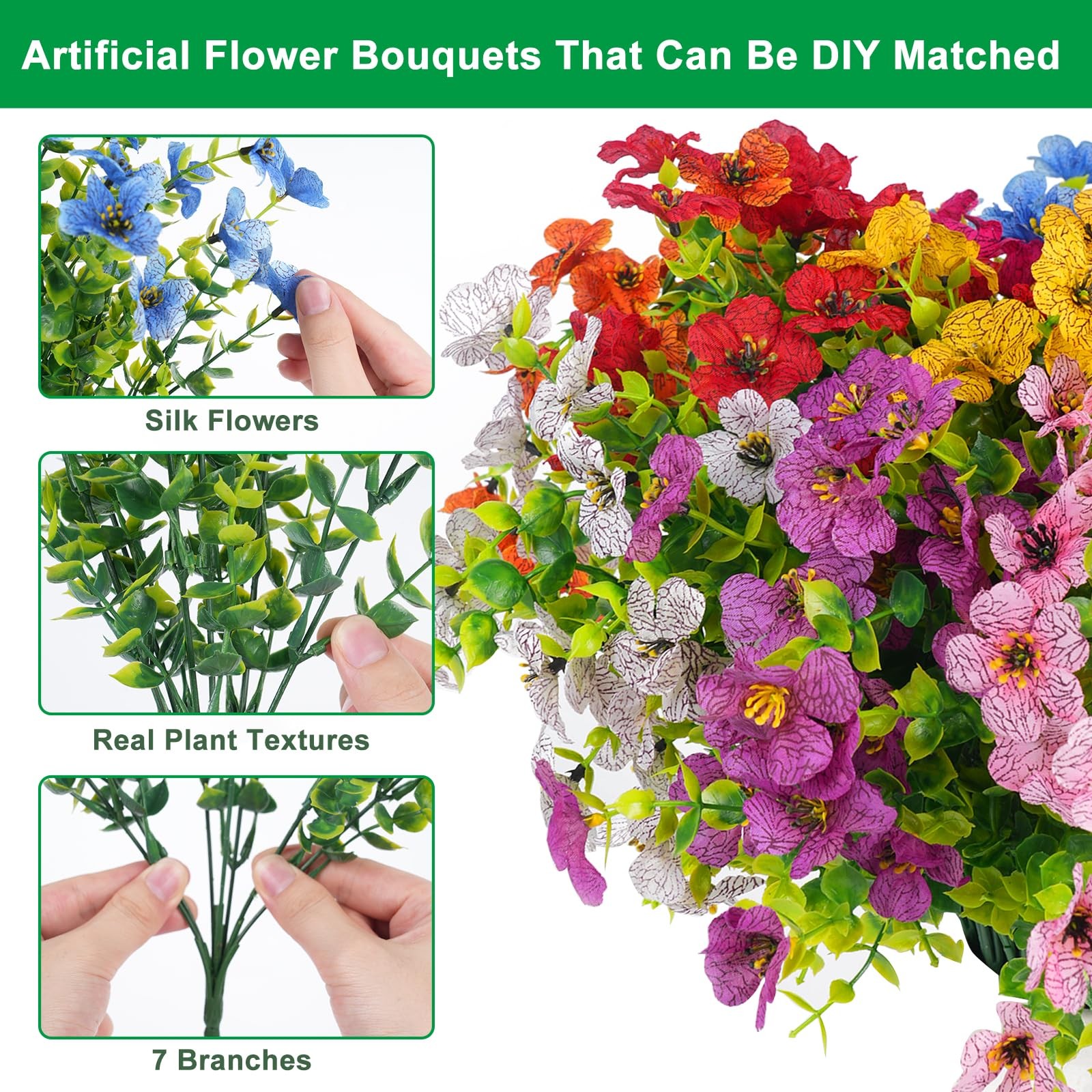 Fake Flowers 16 Bundles Artificial Fake Plants Flowers UV Resistant Realistic…