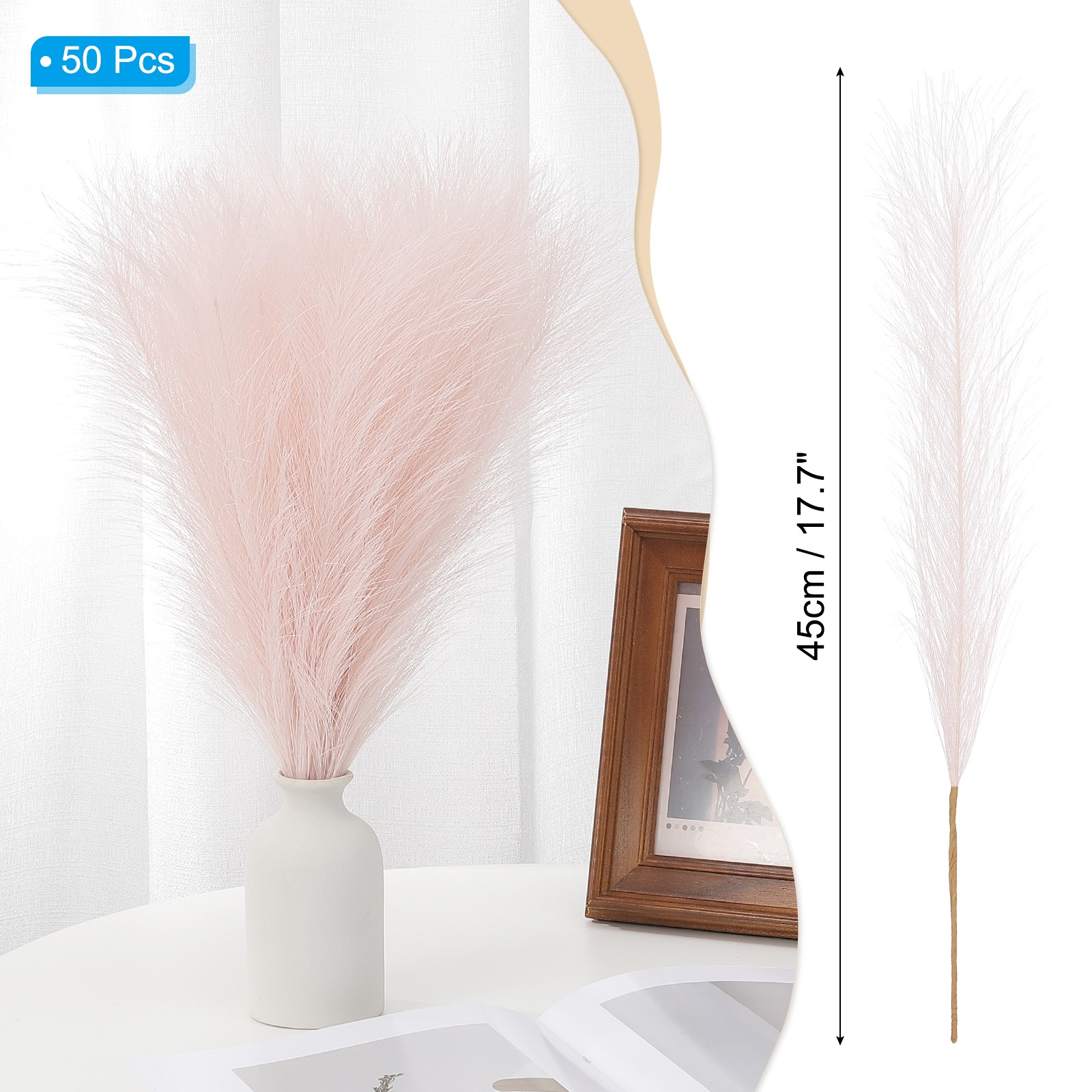 17.7in Pampas Grass Decor, 50pcs Artificial Pampas Grass Bulk, Pink