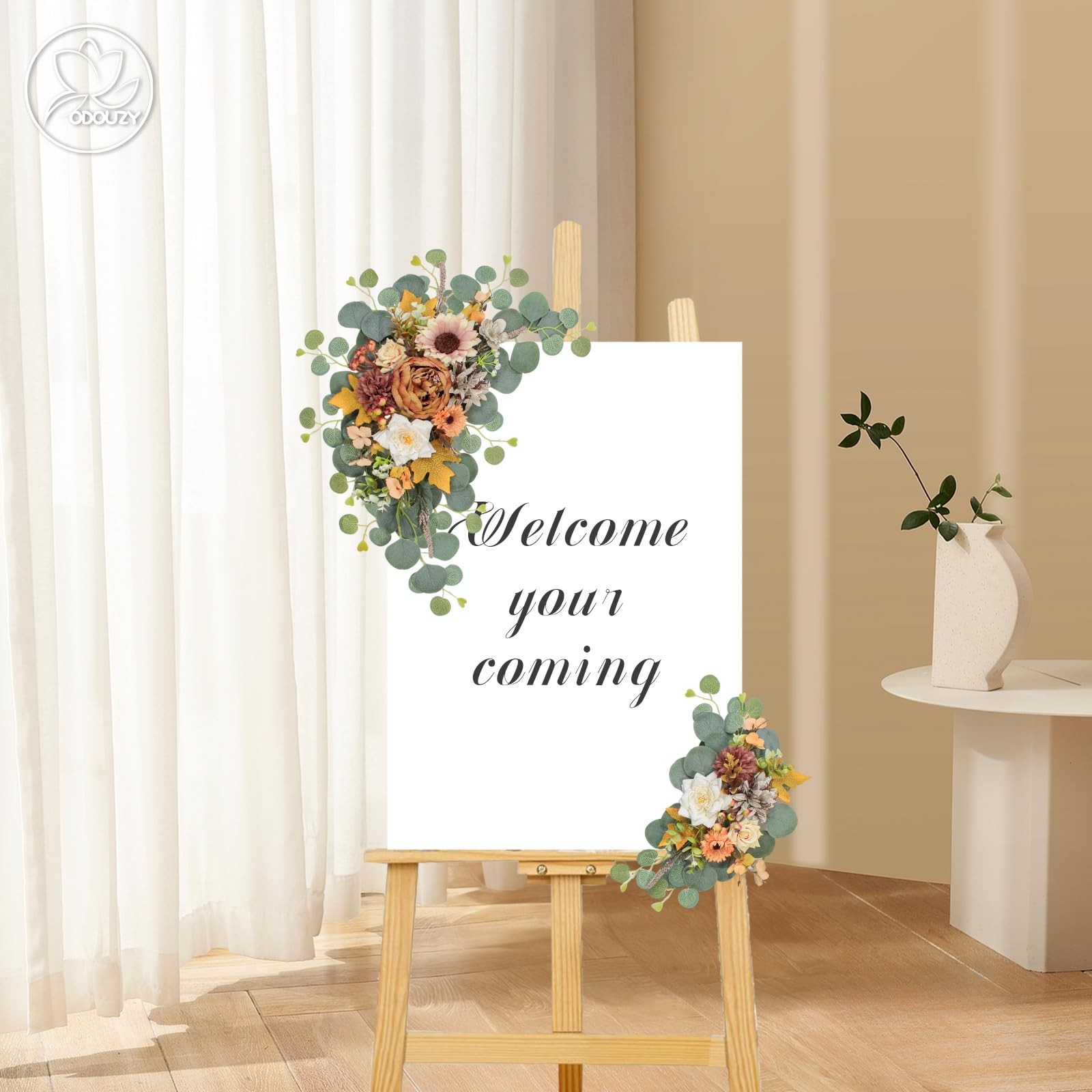 2 PCS Artificial Wedding Arch Flowers Sign Faux Floral Swags Coffee Orange