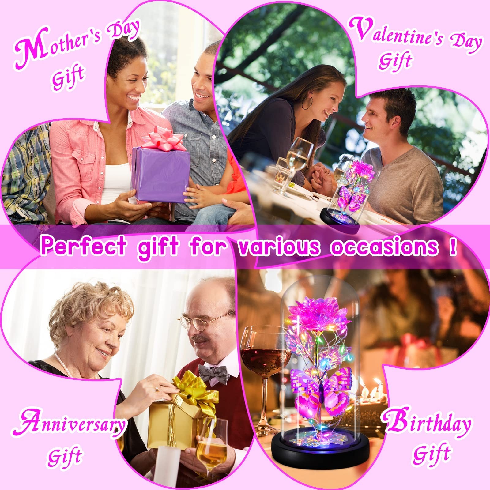 Light Up Pink Butterfly Rose in Glass Dome – Eternal Valentine’s Gift for Her