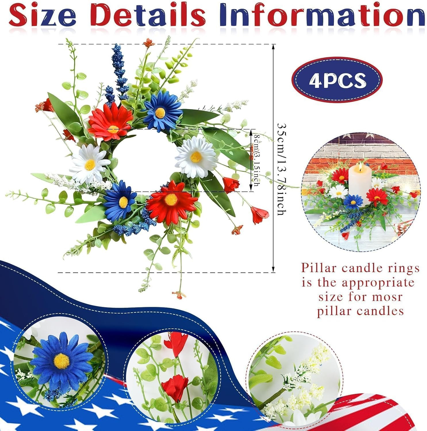 4 PCS Patriotic American Candle Rings Wreaths Artificial 4th of July Floral Cand