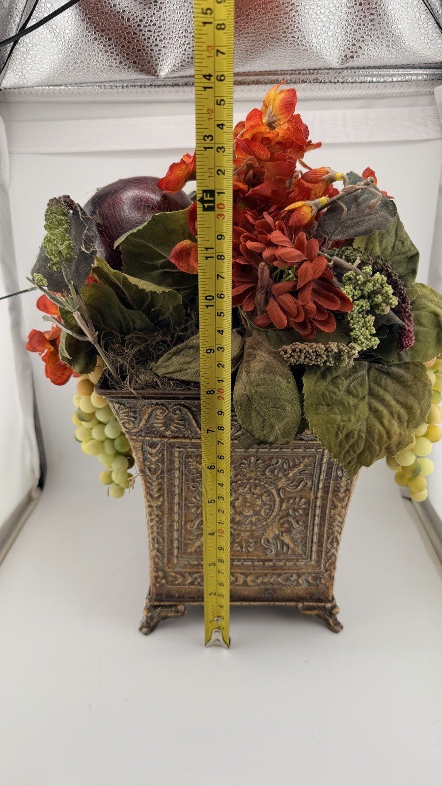 Fall Faux Floral Fruit Arrangement Grapes Pomegranate Planter Centerpiece 14”