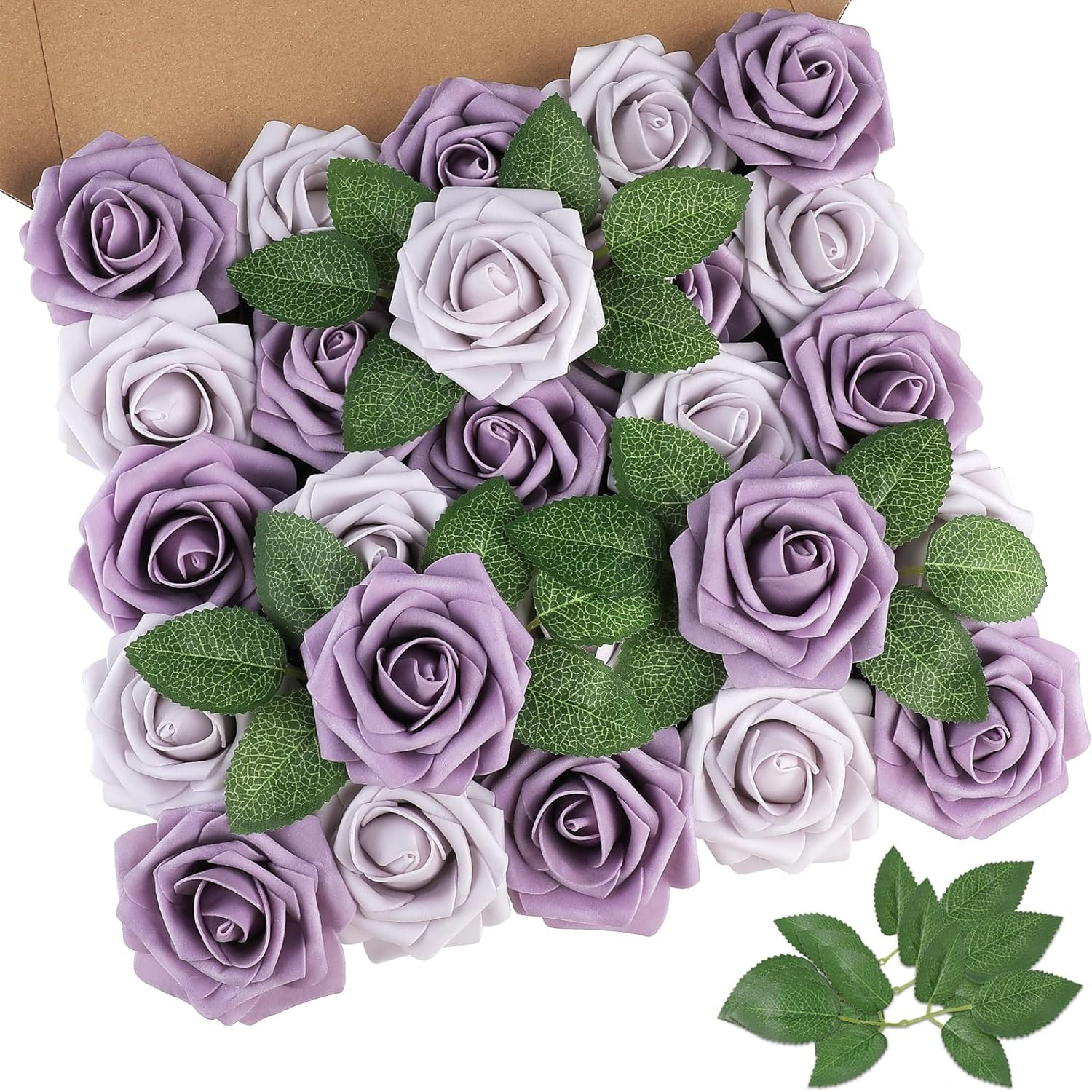 25Pcs Real Looking Artificial Lavender Roses W/Stem for DIY Wedding Bouquets Cen