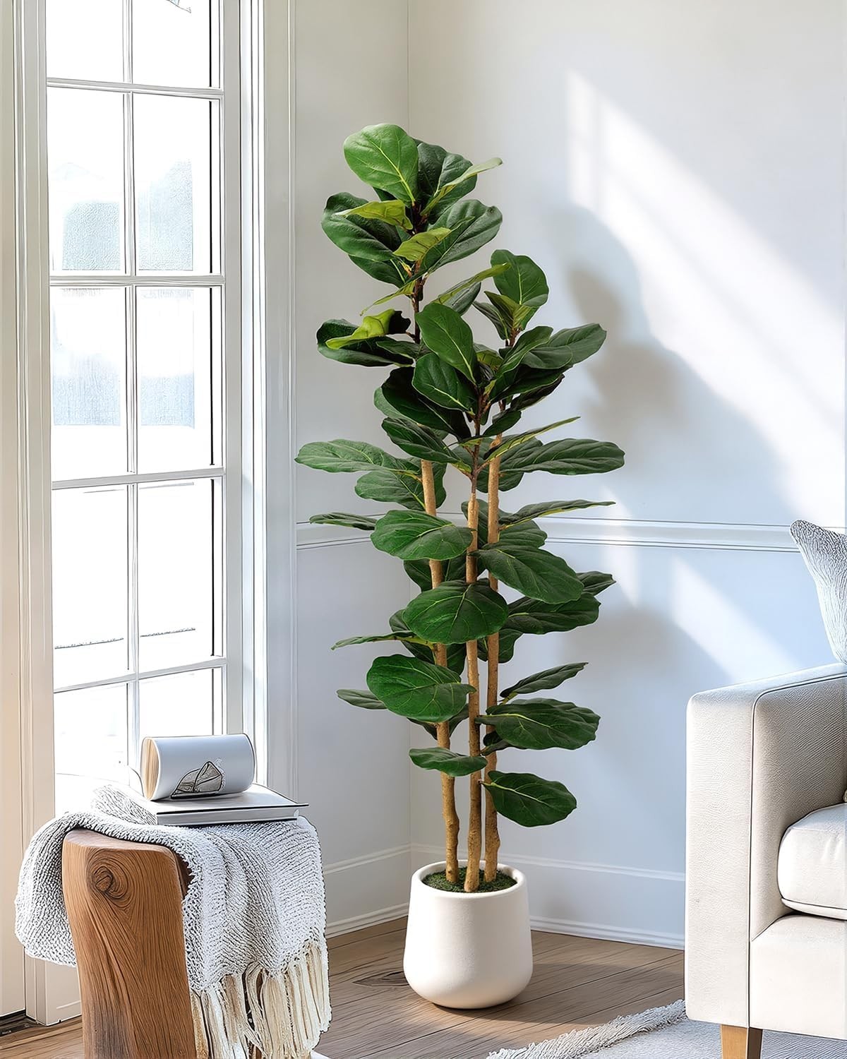Artificial Fiddle Leaf Fig Tree Indoor Faux Plant with White Planter 5ft