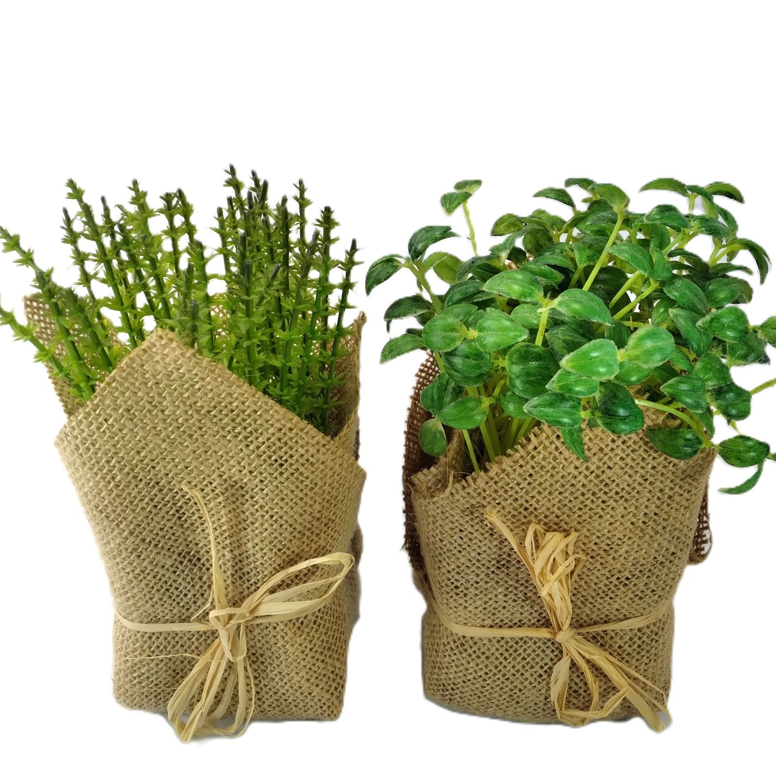 2 Pcs Small Artificial Plants Wrapped in Burlap Farmhouse Green Cottage 6.5-7″ T