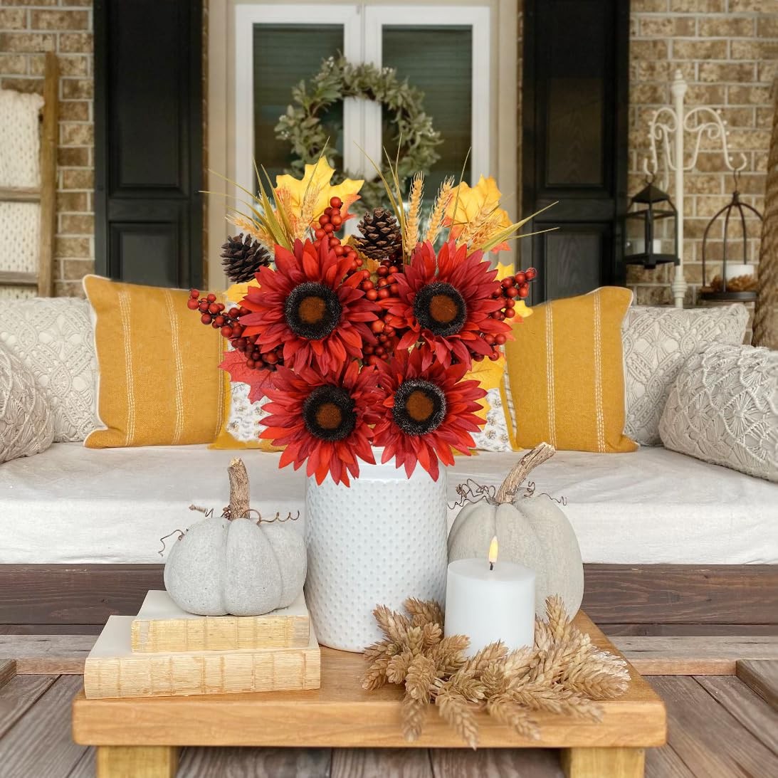 Briful 2 Pack 16 Inch Fall Sunflower Picks Burgundy Pinecone Floral Stems