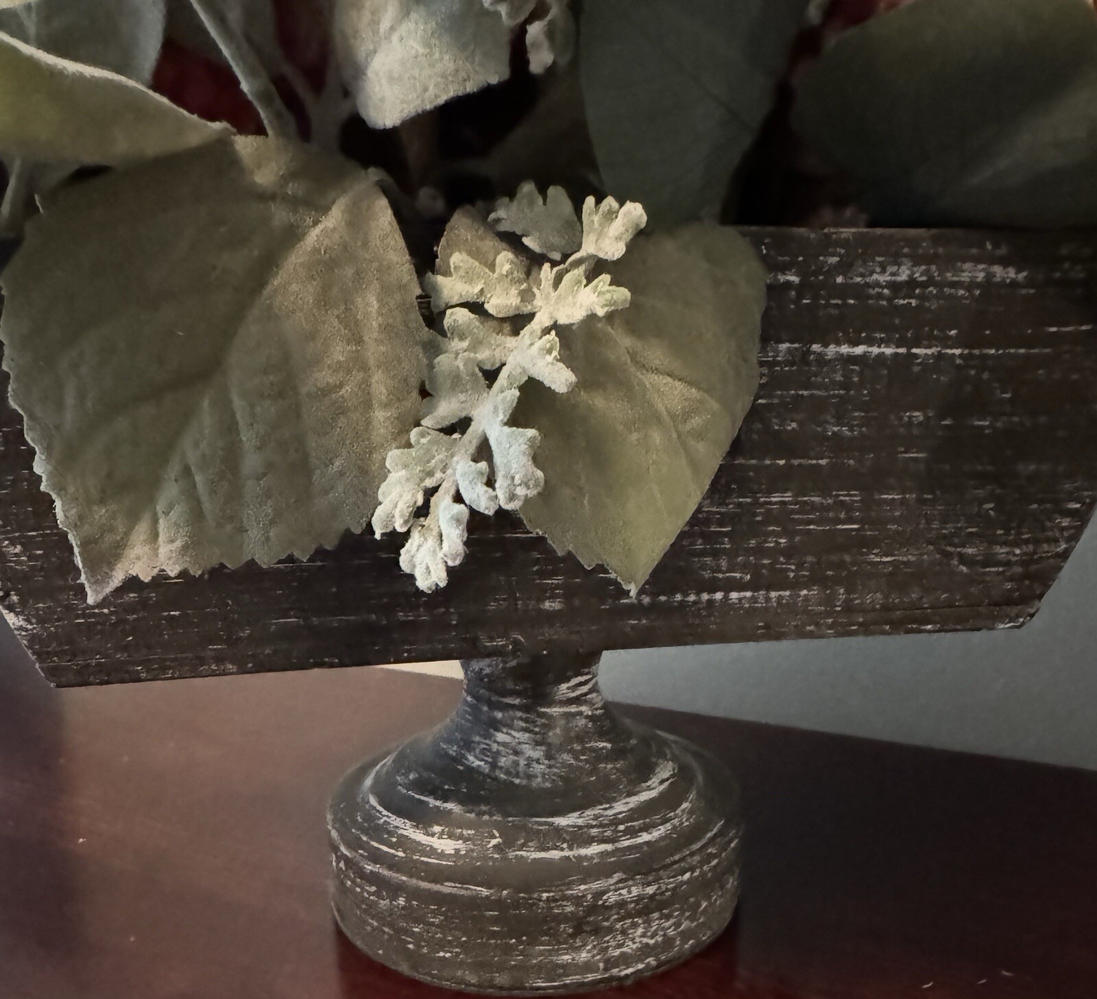 Orange Dried Floral Centerpiece Decor & Faux Green Leaves Metal Base Wooden Box