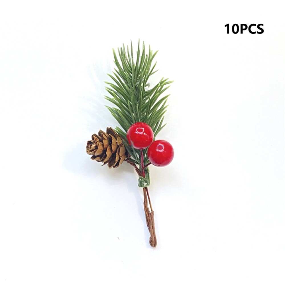 10Pcs Christmas Artificial Pine Branches with Leaves Red Holly Berries Craft DIY