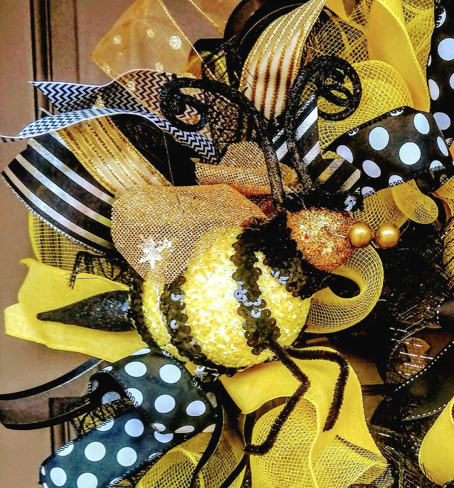 Spring Summer Bee Wreath Large Deco Mesh Floral Farmhouse Front Door Decor