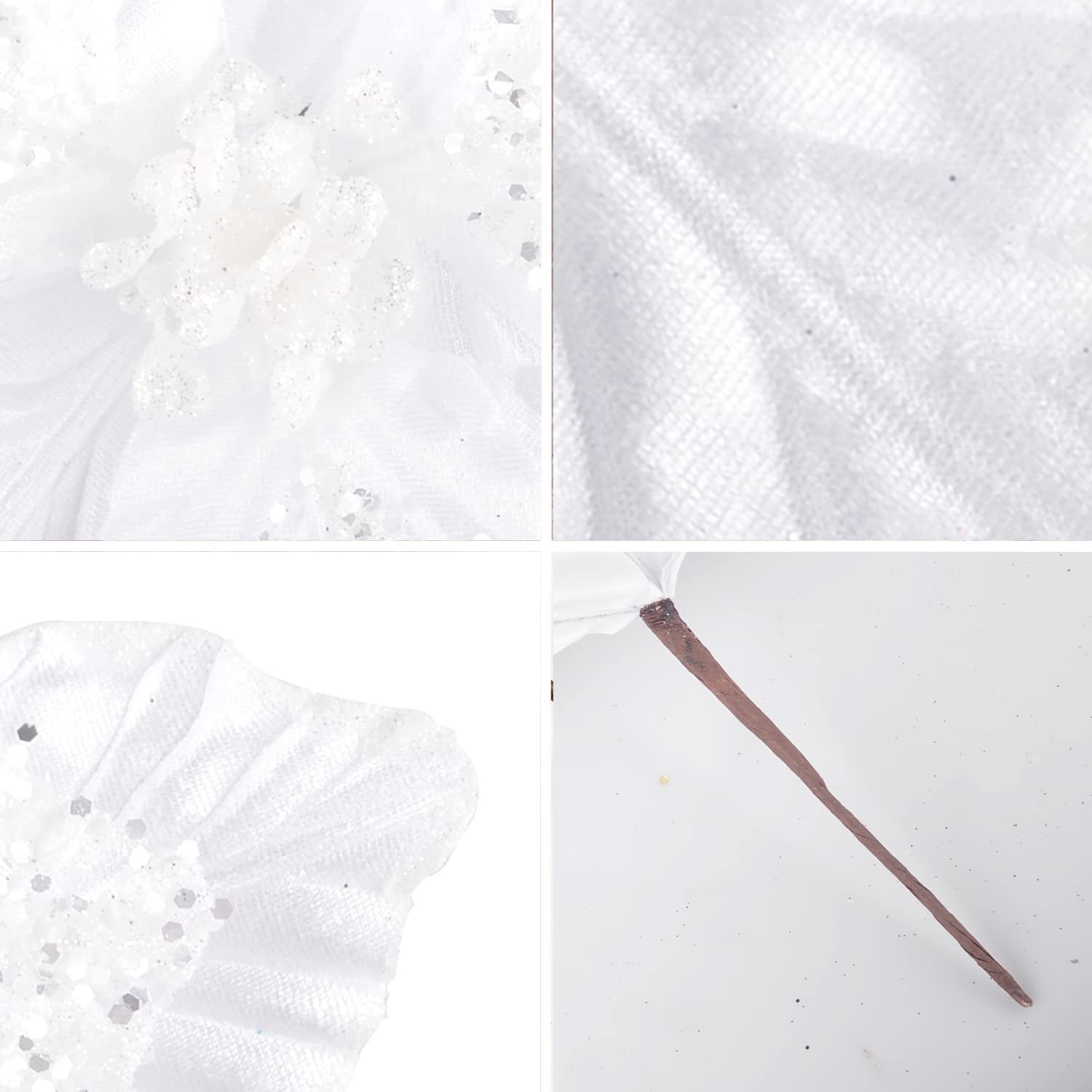 6 PCS Chunky Glitter Christmas Flowers Large Velvet Poinsettia Ornaments White