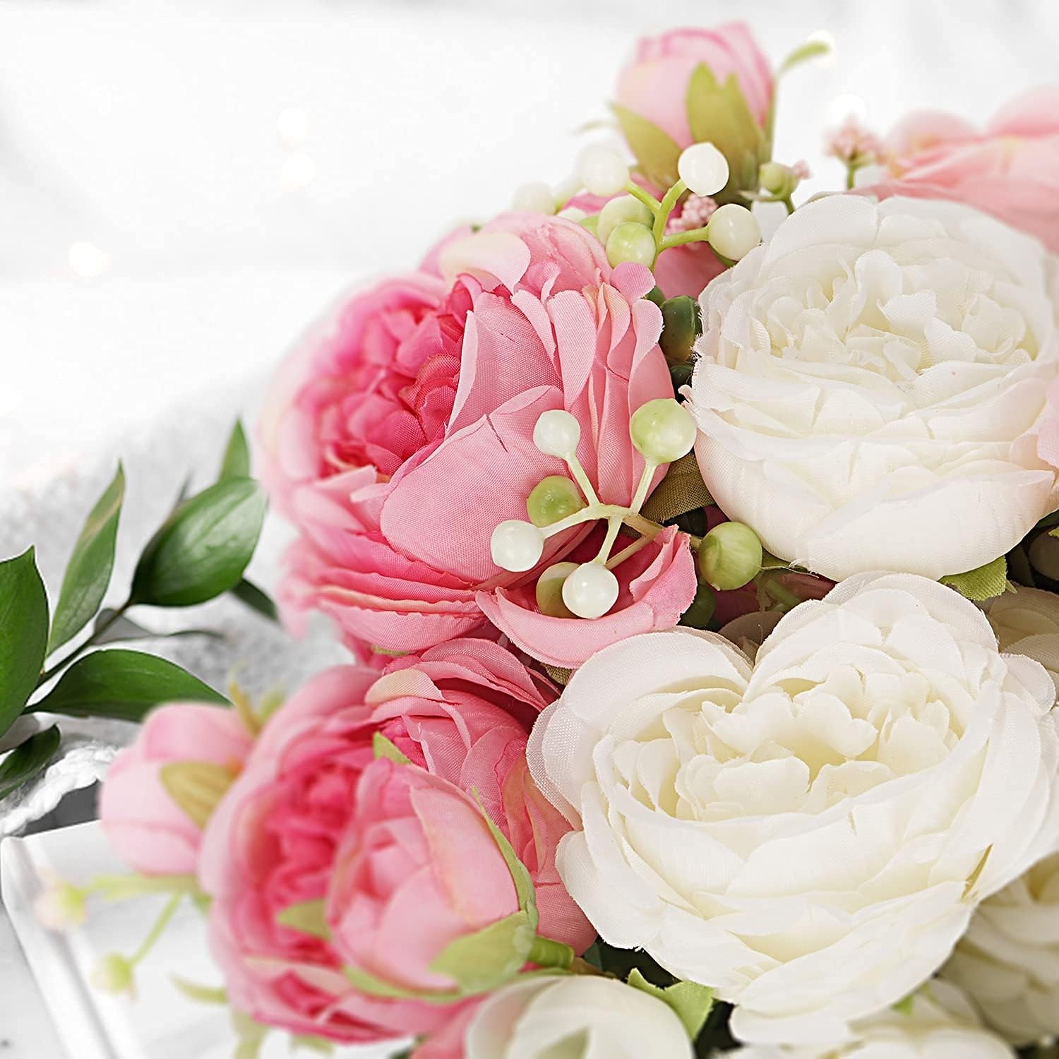 4 Bundles Peonies Artificial Silk Flowers, Pink White Fake Peony Flowers Bouq…