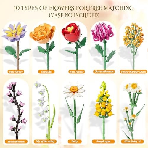 Flowers Bouquet Building Set, 1070PCS Artificial Plant Flower Kit Toy for Adu…