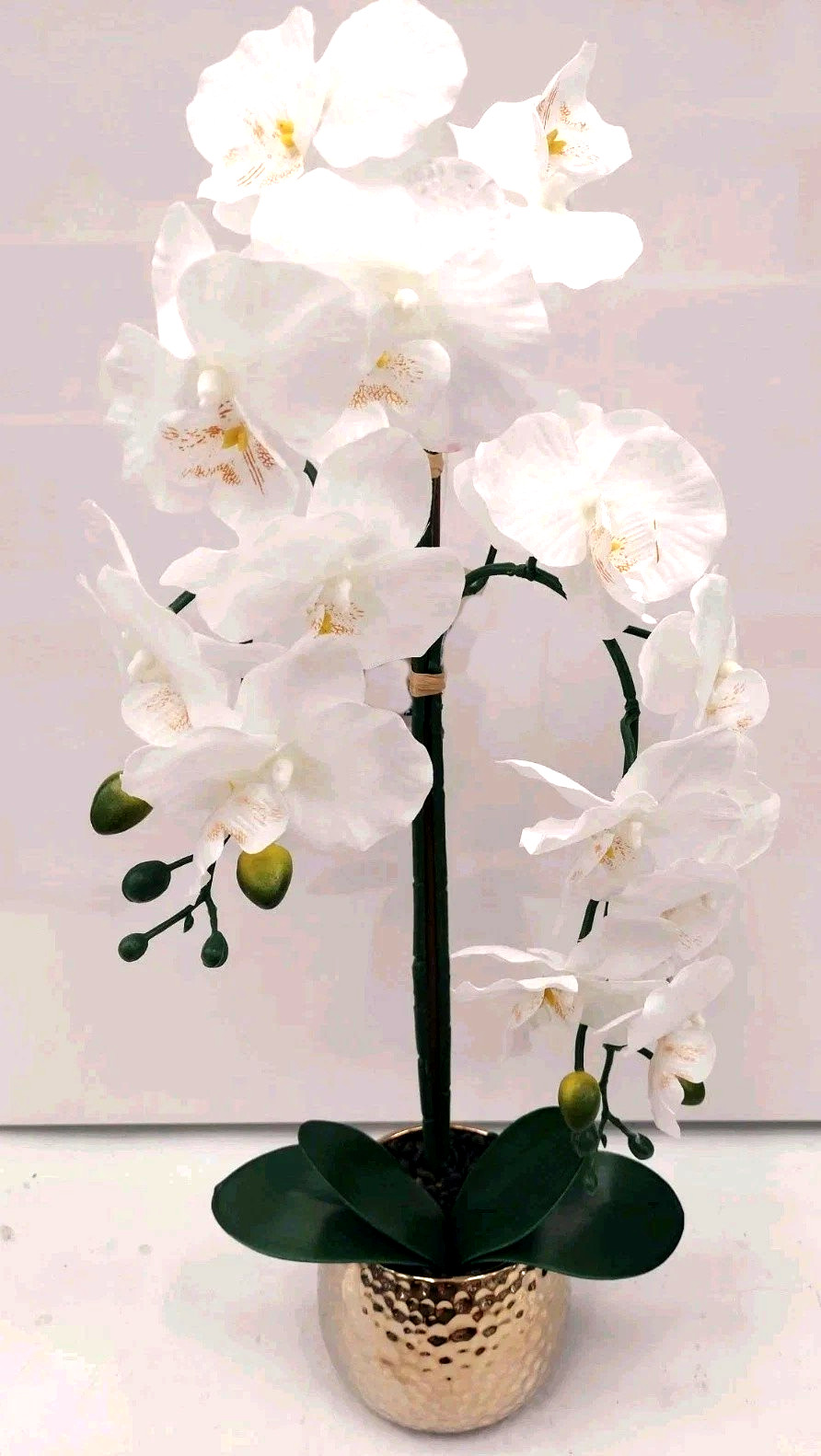 Potted Artificial Large Artificial Silk Orchid Flower Plant In Gold Pot, 23″ H
