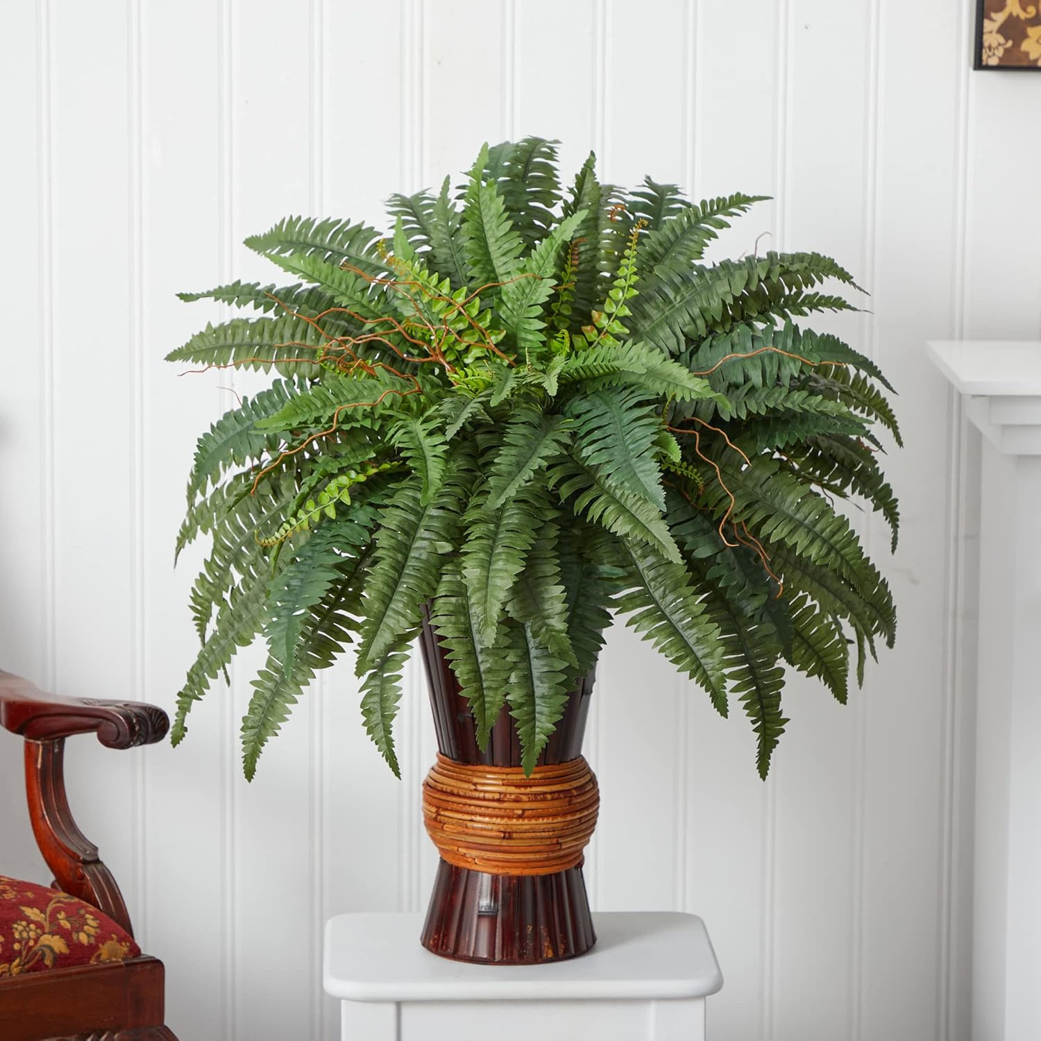 6628 Boston Fern with Bamboo Vase Decorative Silk Plant, Green 12″ X 12″ X 35″