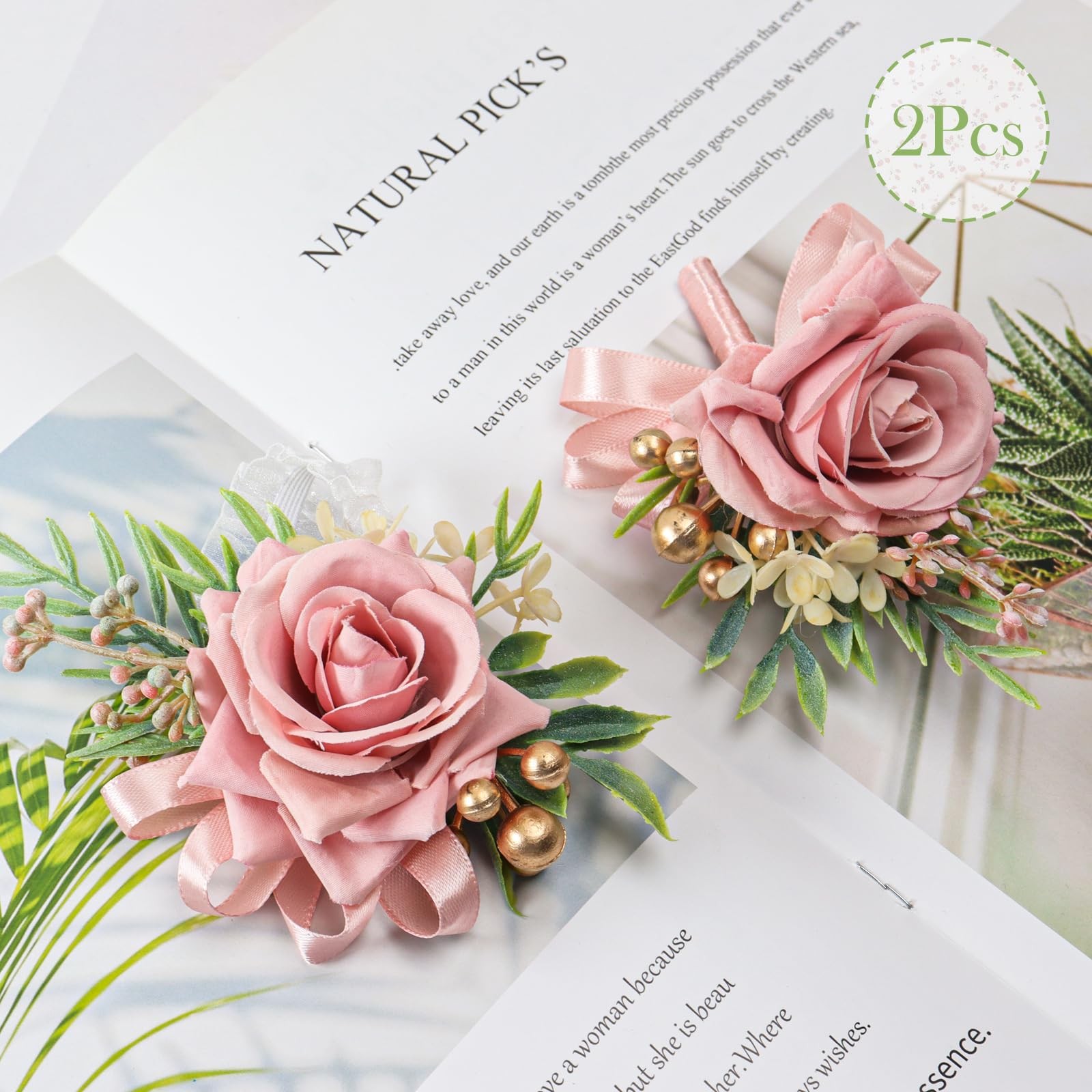ZAGQIG 2 Pcs Pink Rose Corsage and Boutonniere Set for Wedding, Artificial Fl…