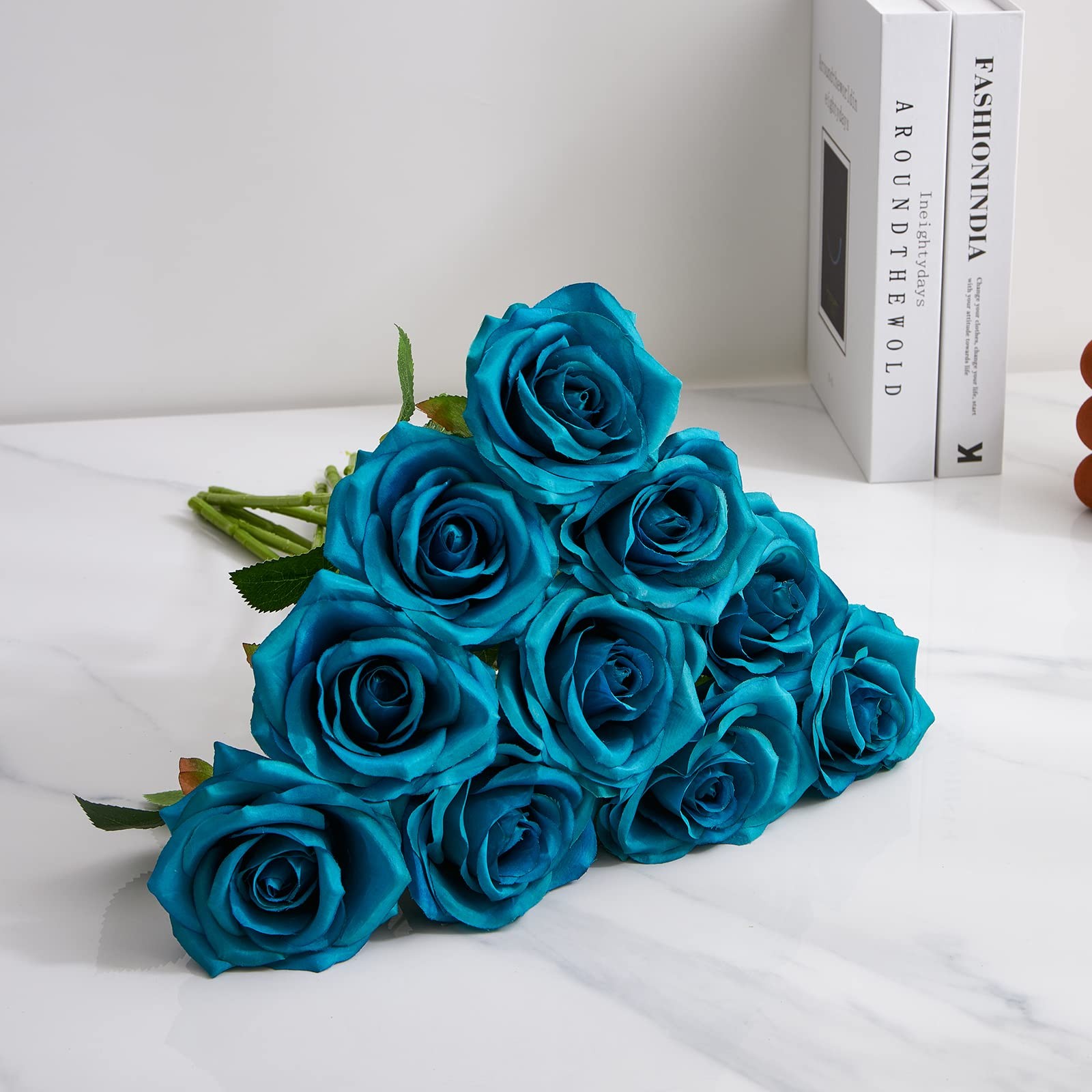 Teal Artificial Rose 10pcs Open Flower Bouquet Faux Rose Stems Turquoise Blue