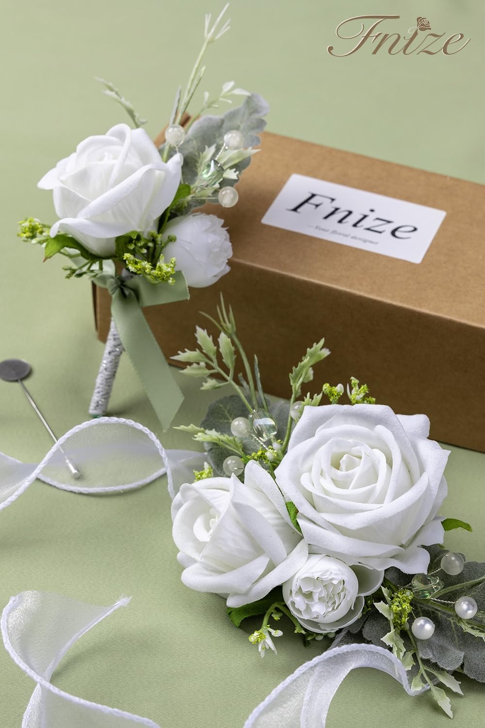 White Wrist Corsage and Boutonniere Set for Bride Groom Bridesmaids Groomsmen…