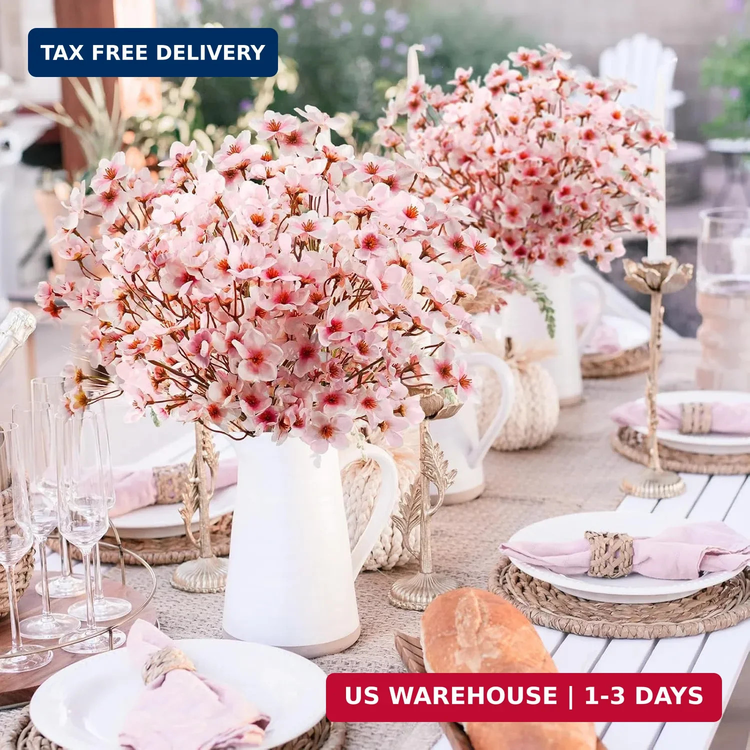 obbsie 24Pcs Artificial Cherry Blossom Flower, Faux Silk Peach Blossom Branches
