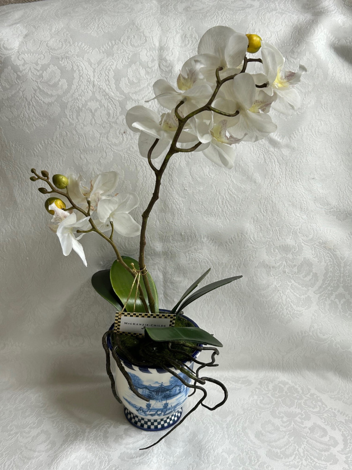 Mackenzie Childs ROYAL TOILE Medium POTTED ORCHID Blue/White Ceramic 17″ T NEW