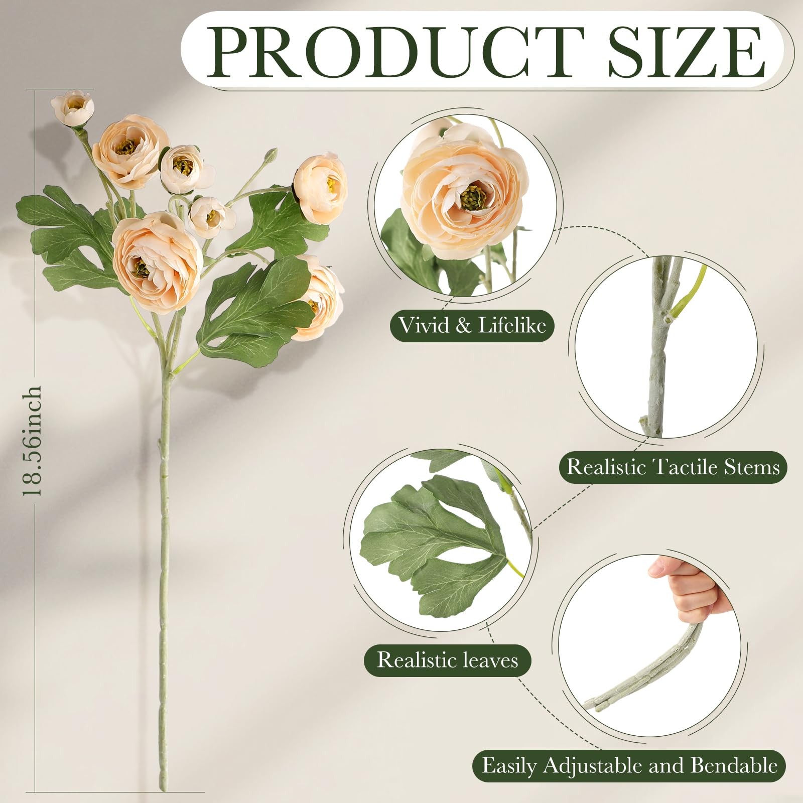 4 Pcs 7 Heads Artificial Ranunculus Flowers 18.5″ Champagne Beige Velvet Floc…