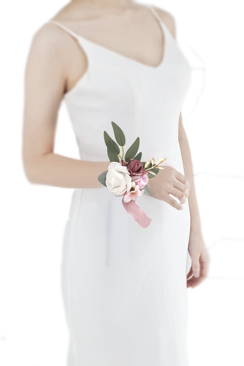 Dusty Rose Wrist Corsage and Boutonniere Set Artificial Light Pink White Rose…