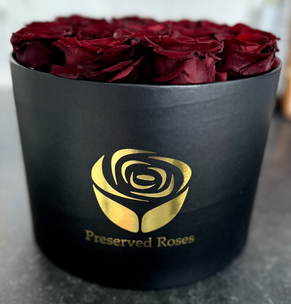 Preserved Roses – 16 Real Red Roses in Black/Gold Circular Gift Box Open Box