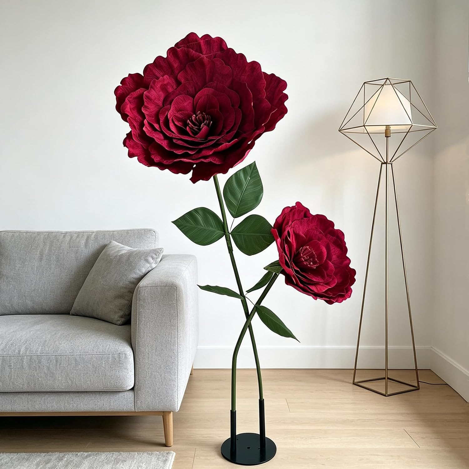 Large Burgundy Velvet Roses with Stand, 5.5FT Tall Giant Artificial Flowers for