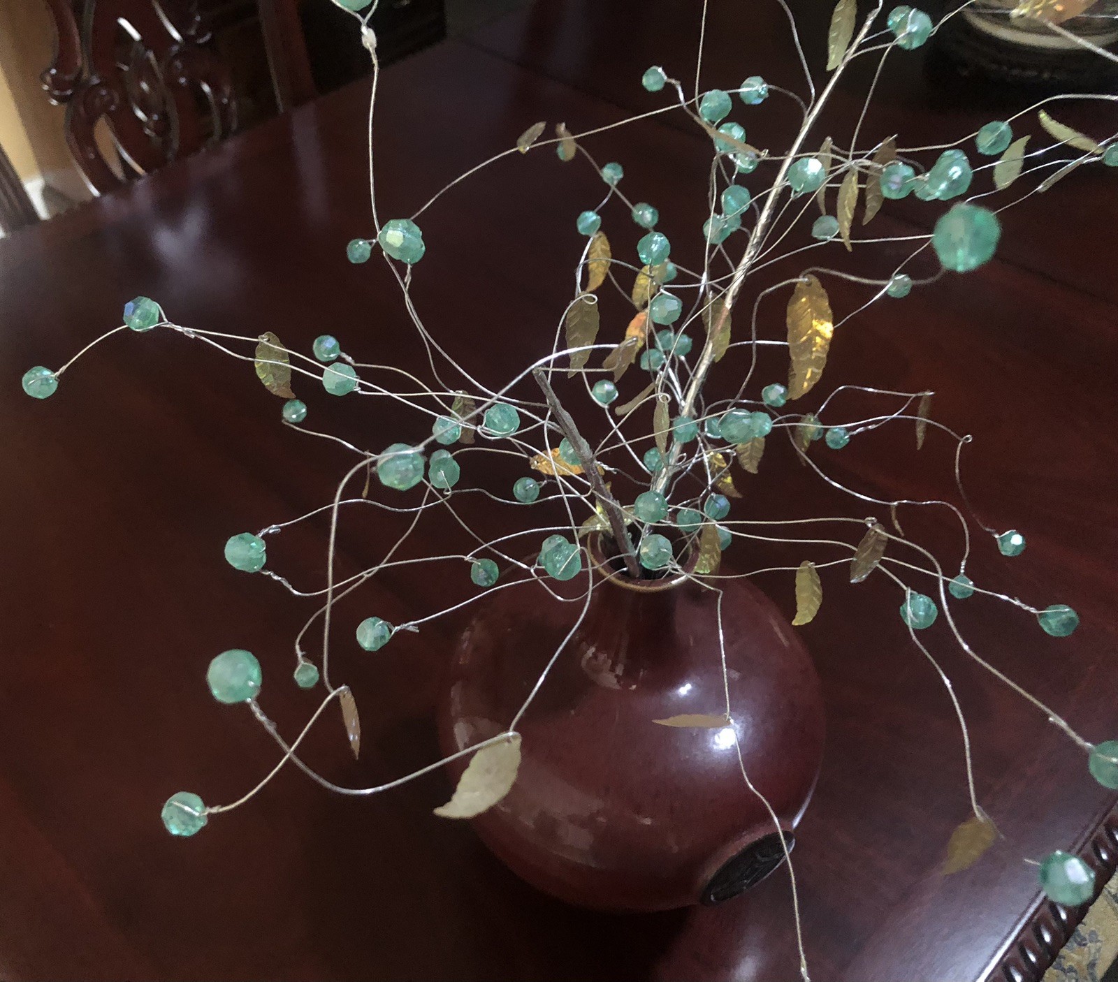 Set of 2 UNIQUE AQUA BEADED IRIDESCENT LEAVES WIRED SPRAY STEM VASE DECORATION