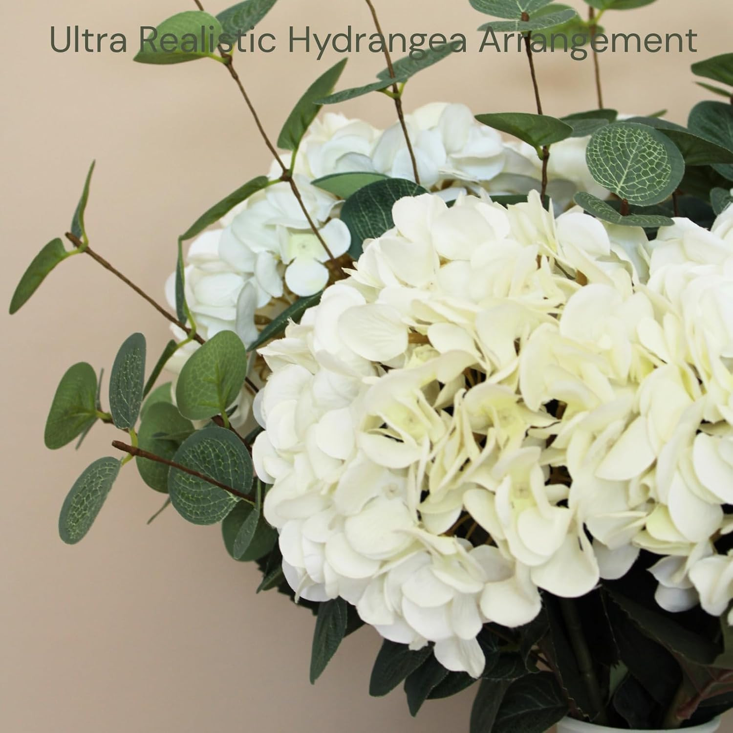 Realistic White Faux Hydrangea & Eucalyptus Arrangement for Home Decor