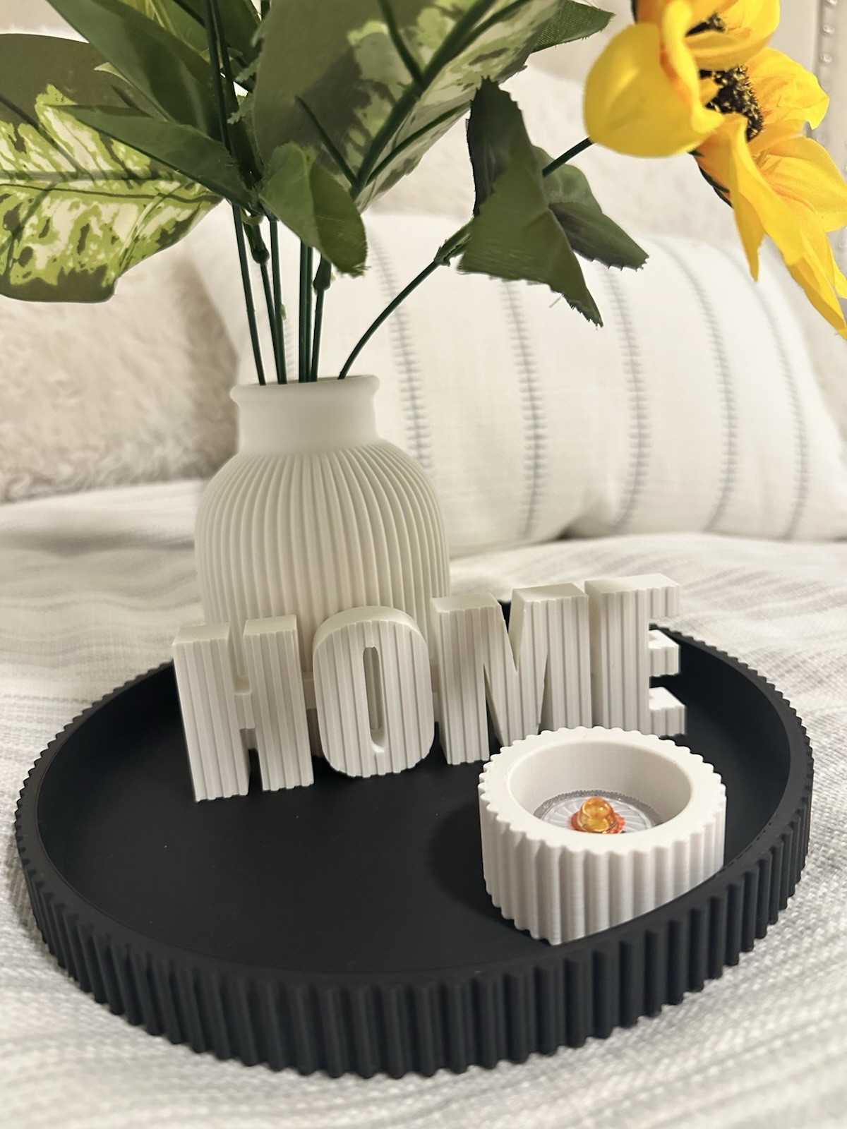 Artificial Sunflower Arrangement in White Vase w/ Black Tray HOME Decor Tealight