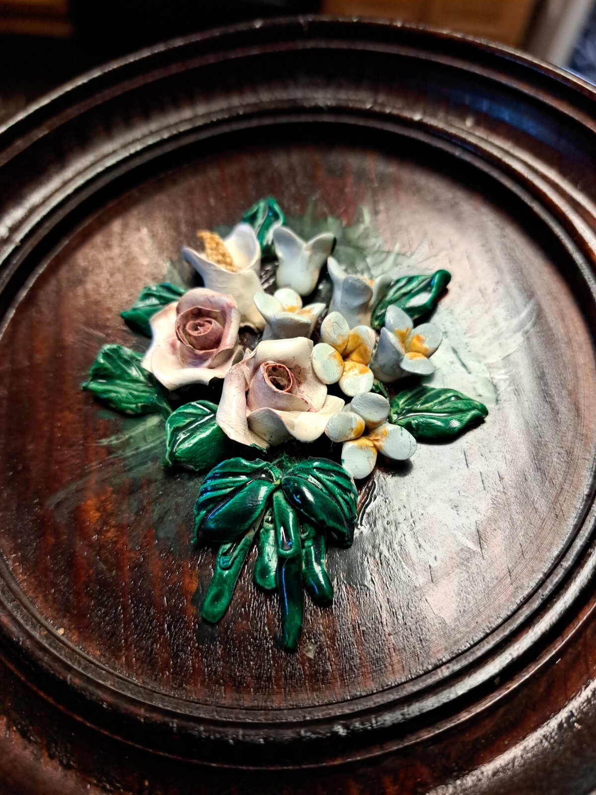 Vintage hand crafted flowers roses art on hand turned dark wood plaques set of 3