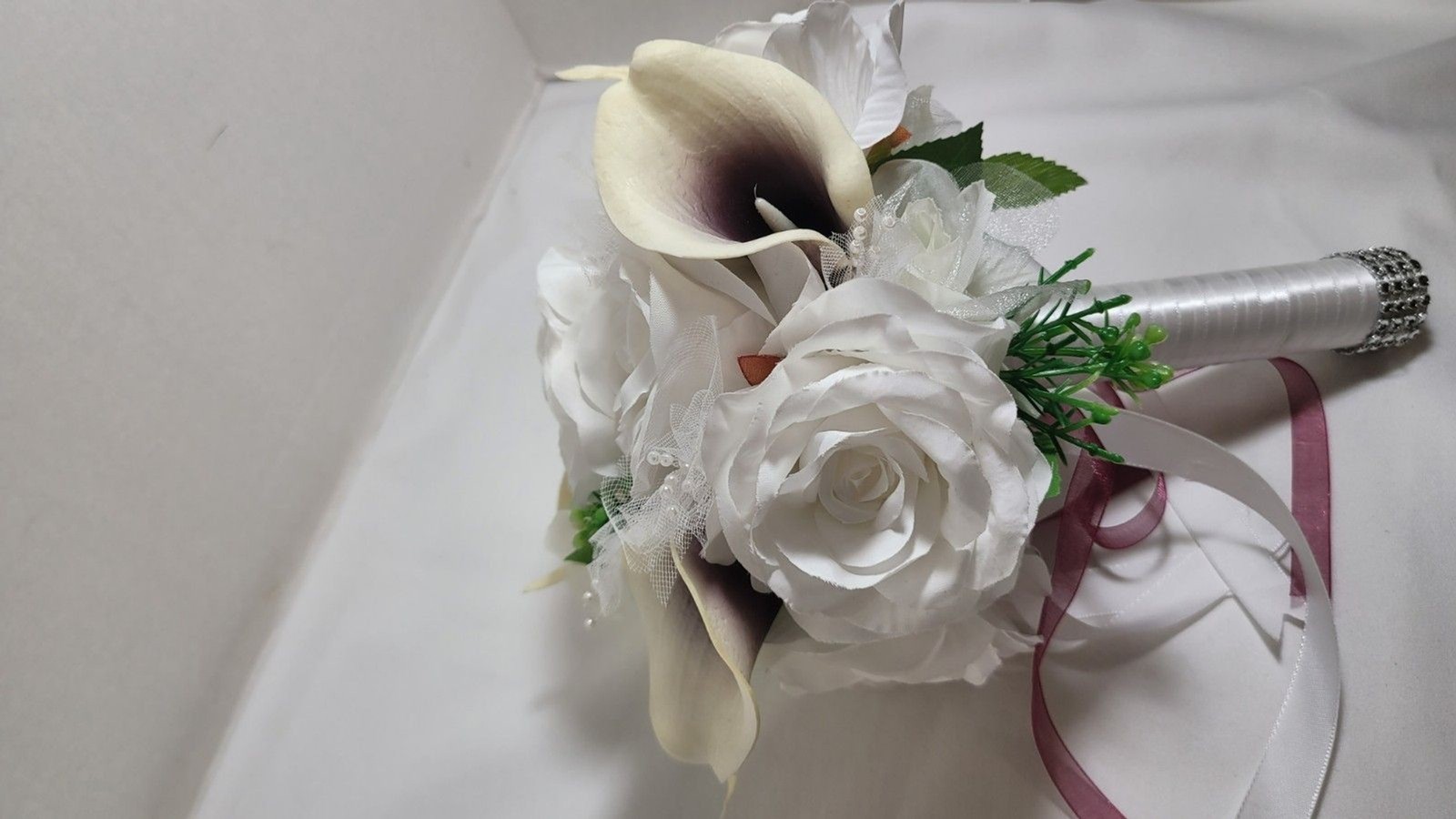 Wedding Bouquet for Bride Bridesmaid, White Roses White Bling 9.5″