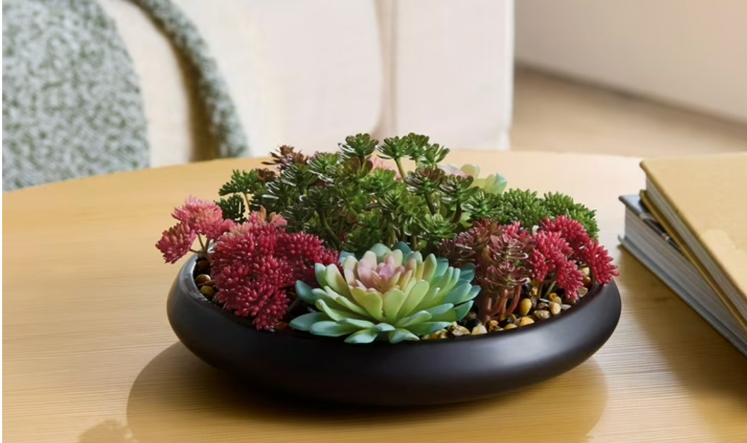 Better Homes & Gardens Artificial Mixed Succulent in Black Round Ceramic Bowl