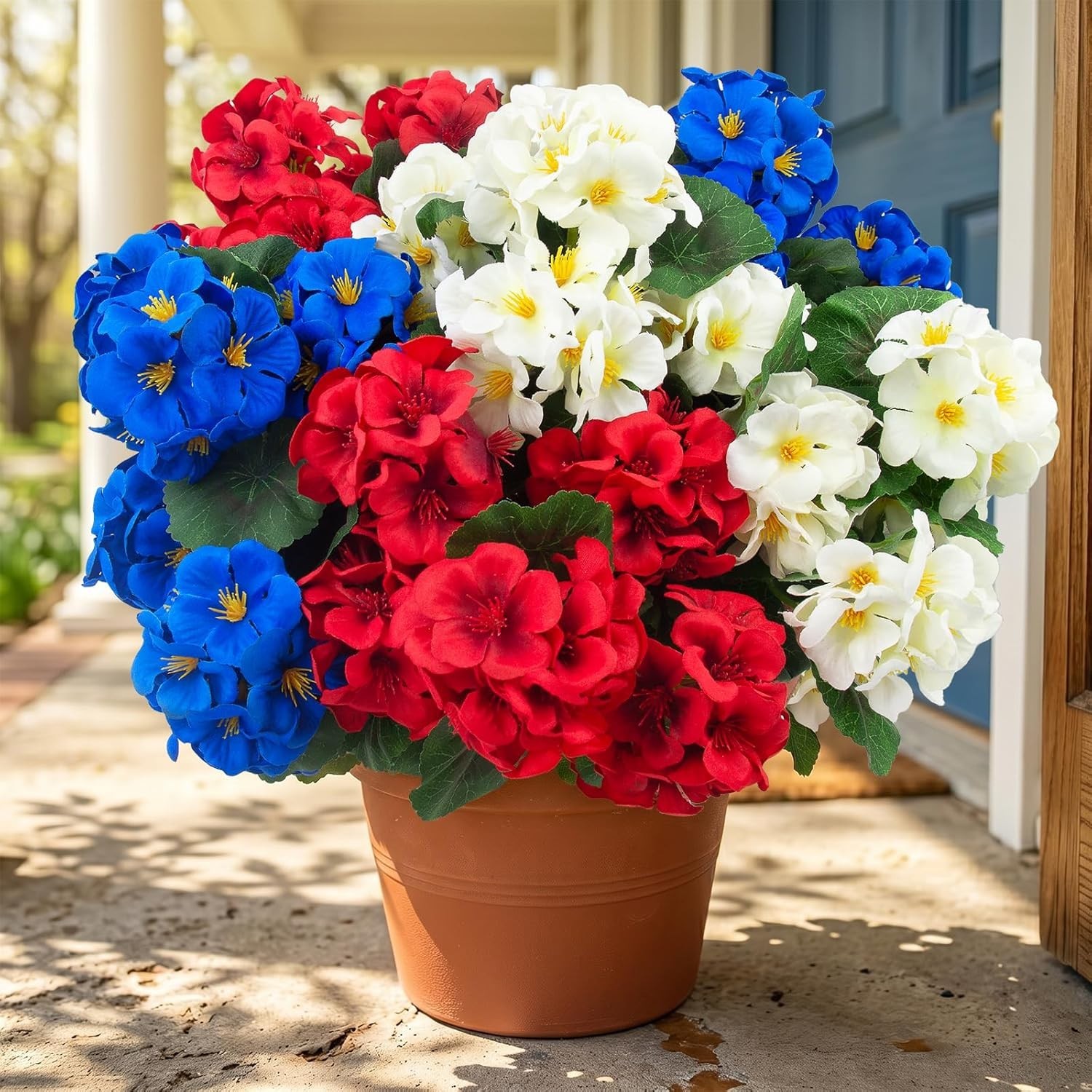 Artificial Geranium Flowers 6 Pcs UV Resistant RedWhiteBlue