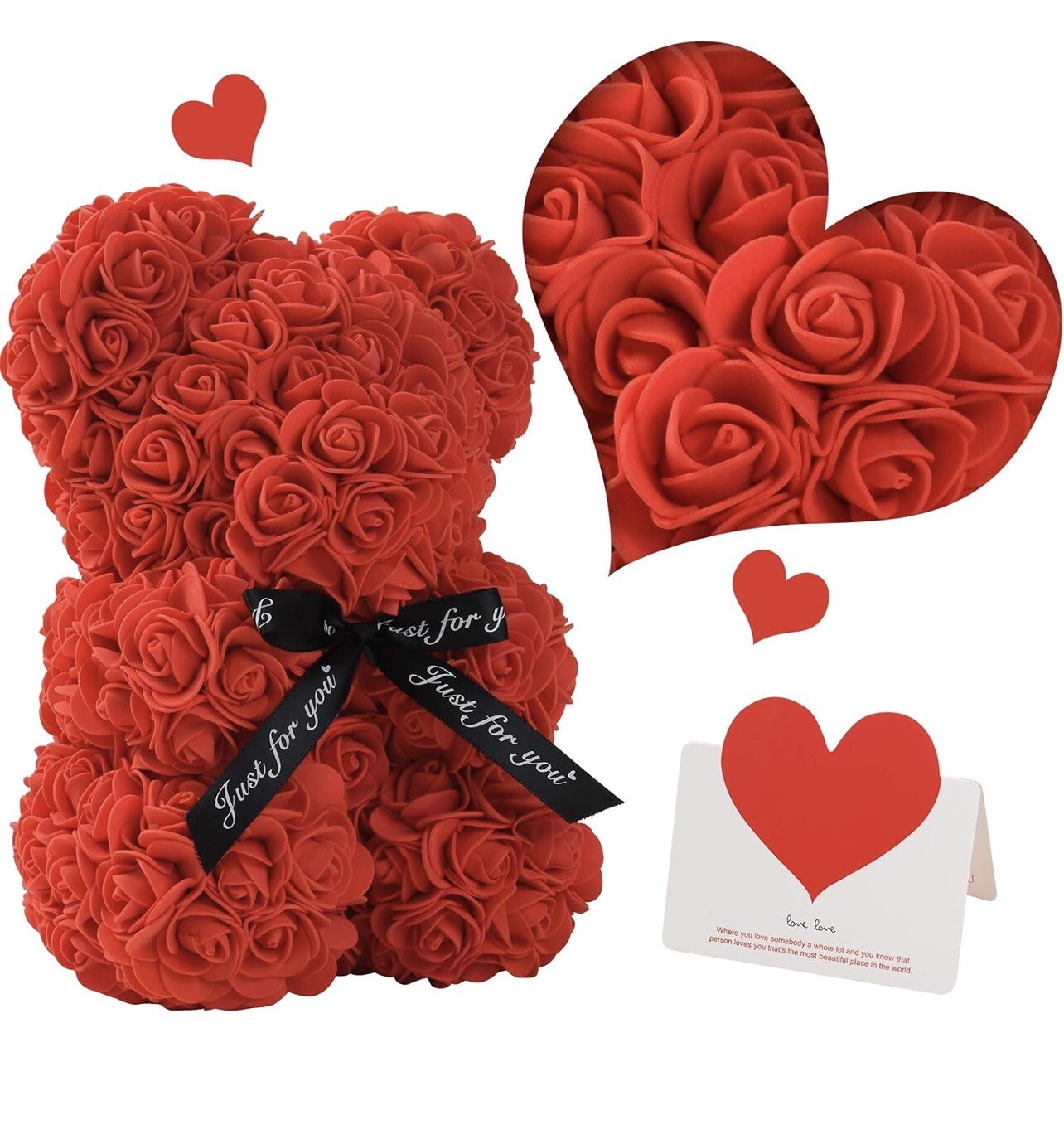 Valentine’s DayRose Flower Bear Hand Made Rose Teddy Bear w/Clear Gift Box(red)