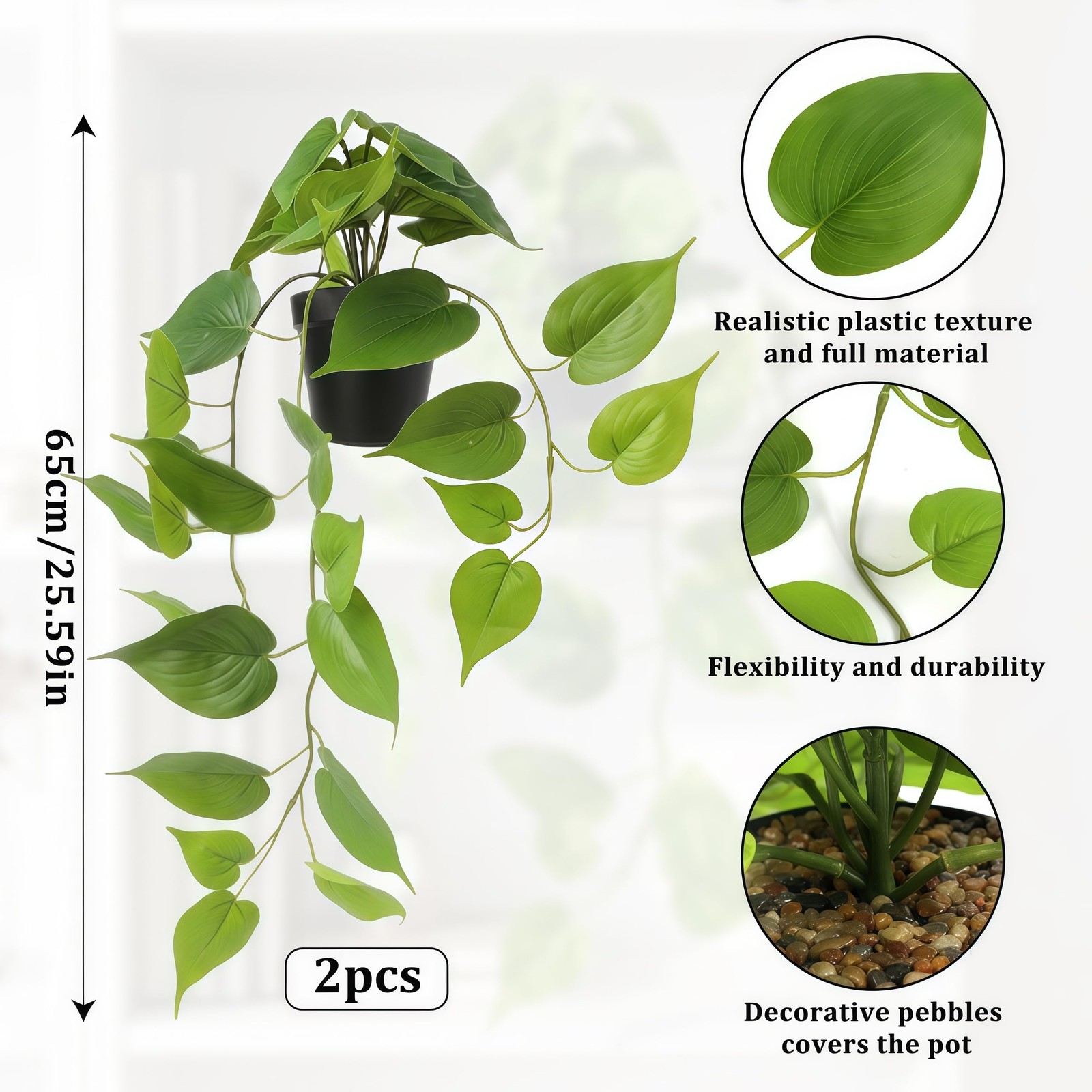 Artificial Pothos Hanging Plants 2 Pack 65cm Vines with Pots – Indoor Decor